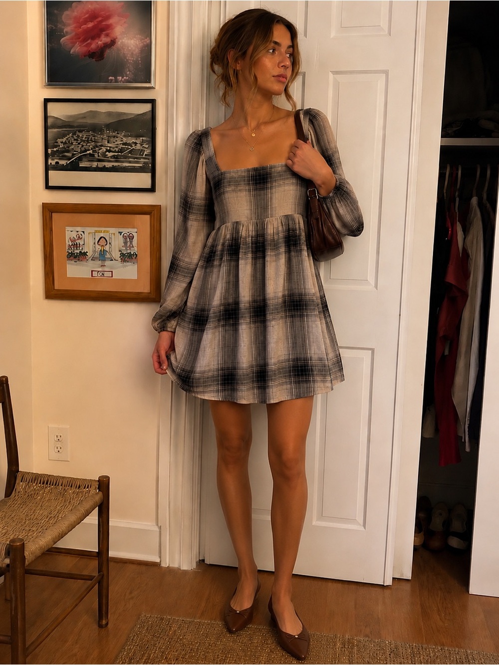 Urban Outfitters Black and White Plaid Long Sleeve Dress